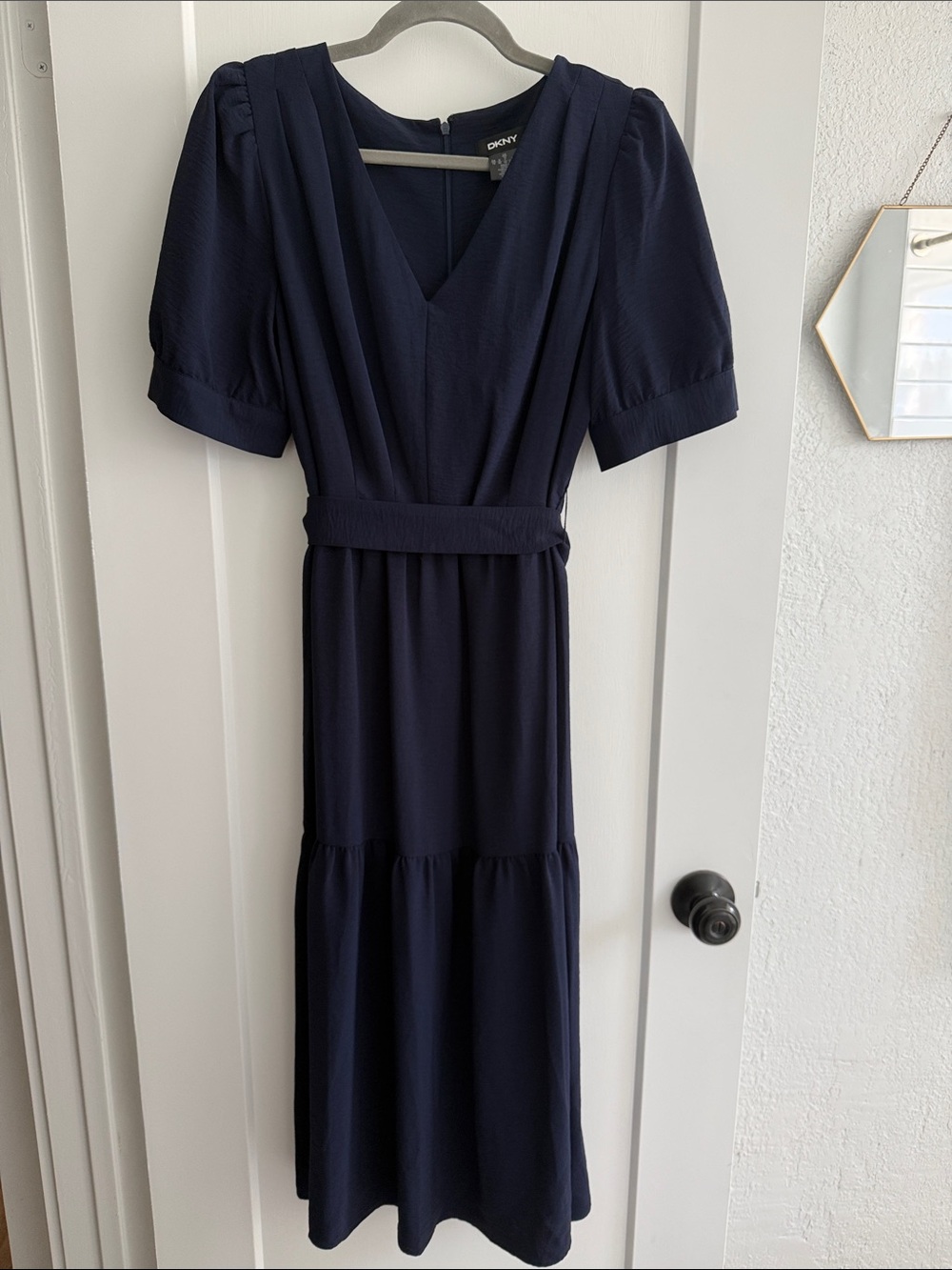 DKNY Navy V-Neck Belted Midi Dress with Puff Sleeves. NWOT